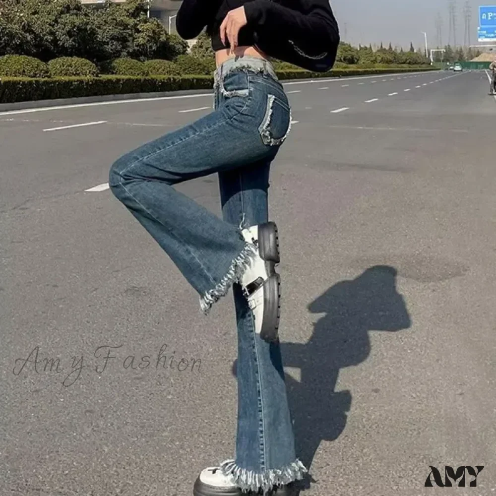 Amy Fashion - Spring And Autumn New Vintage Blue Tassel Elastic Horseshoe Rugged Edge Jean