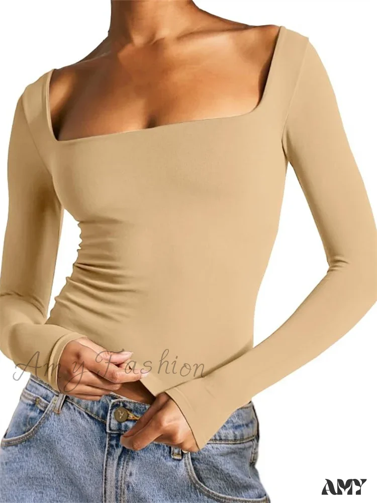 Amy Fashion - Spring Fall Slim Cropped Solid Color Long Sleeve Square Neck T-shirts - Image 4
