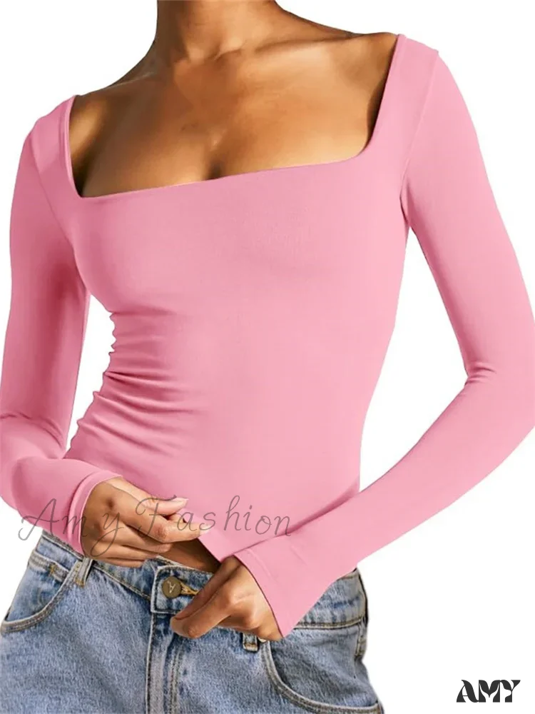 Amy Fashion - Spring Fall Slim Cropped Solid Color Long Sleeve Square Neck T-shirts - Image 6