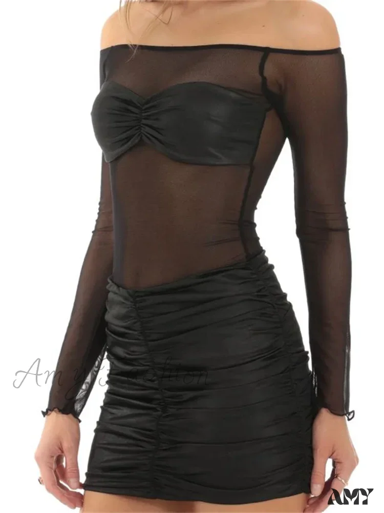 Amy Fashion - Spring Summer Mesh Sheer Patchwork Slash Neck Off Mini Dress - Image 2