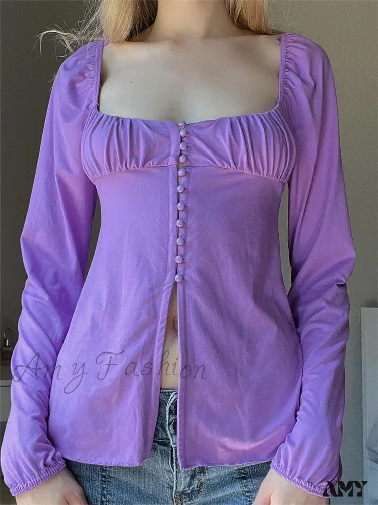 Amy Fashion - Square Neck Front Split Buttons Elegant Ruched  T-Shirts - Image 2
