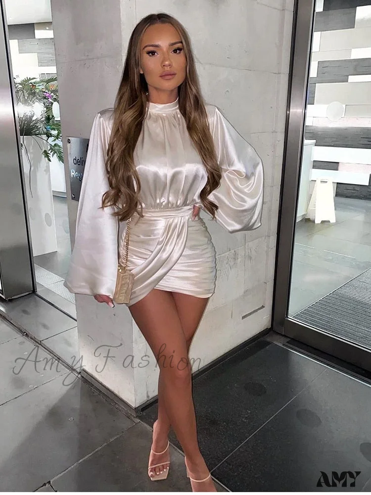 Amy Fashion - Stand Collar Lantern Sleeve Stain Dresses - Image 10
