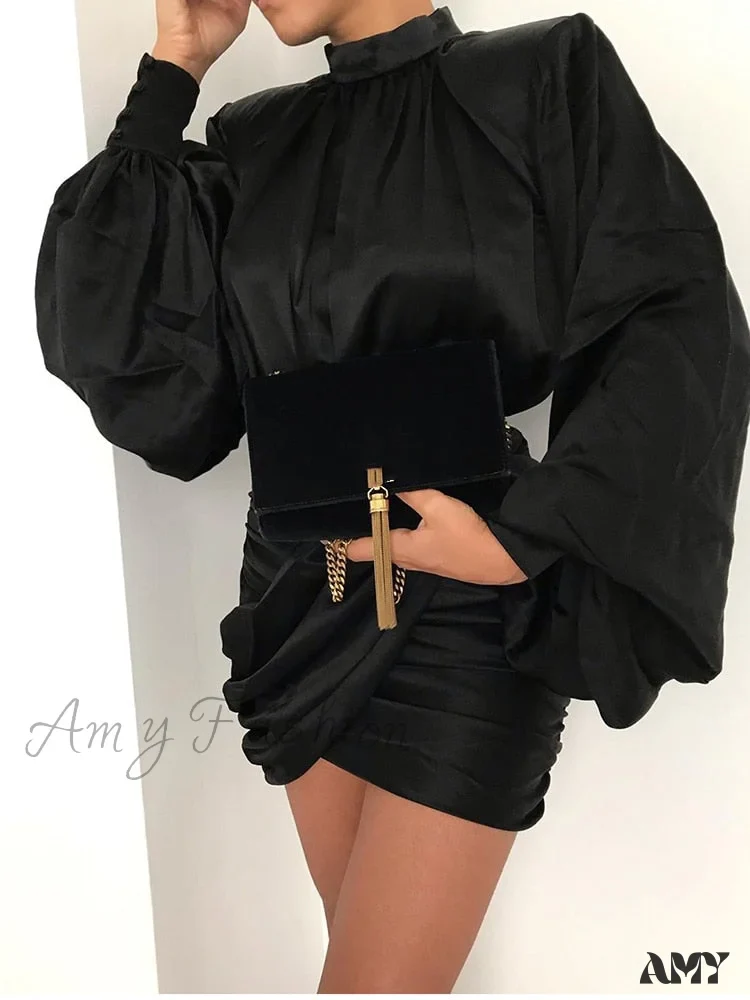 Amy Fashion - Stand Collar Lantern Sleeve Stain Dresses - Image 18