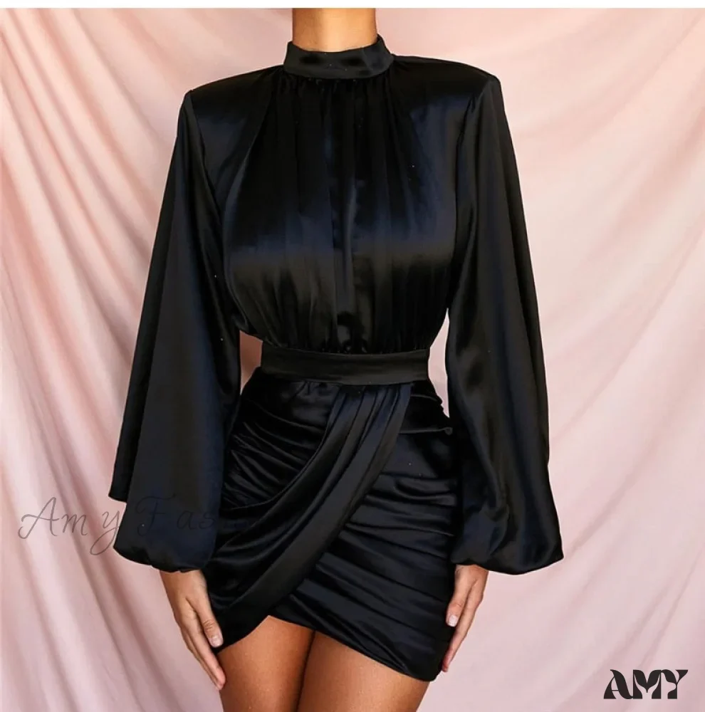Amy Fashion - Stand Collar Lantern Sleeve Stain Dresses - Image 19