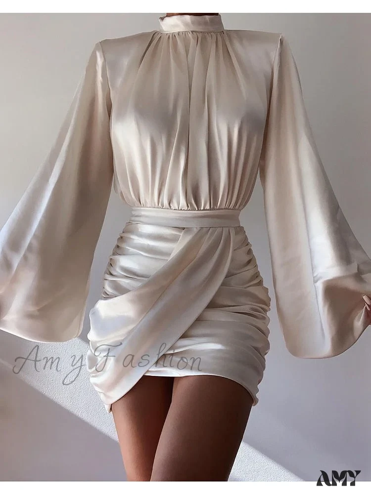 Amy Fashion - Stand Collar Lantern Sleeve Stain Dresses - Image 6