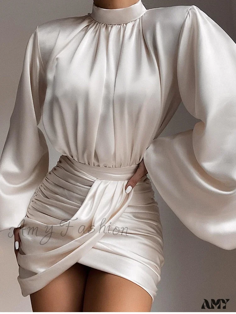 Amy Fashion - Stand Collar Lantern Sleeve Stain Dresses - Image 8