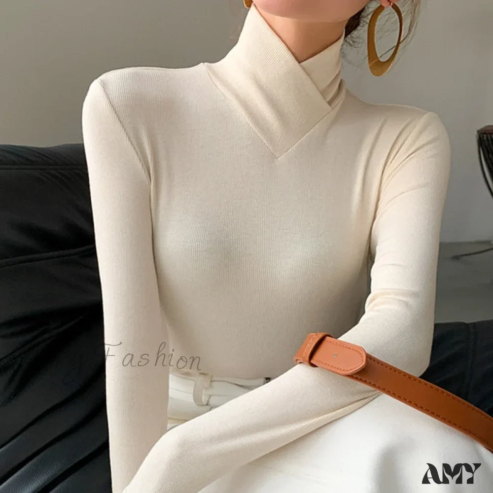 Amy Fashion - Stand-up Collar Long-sleeved Stretch T-shirt