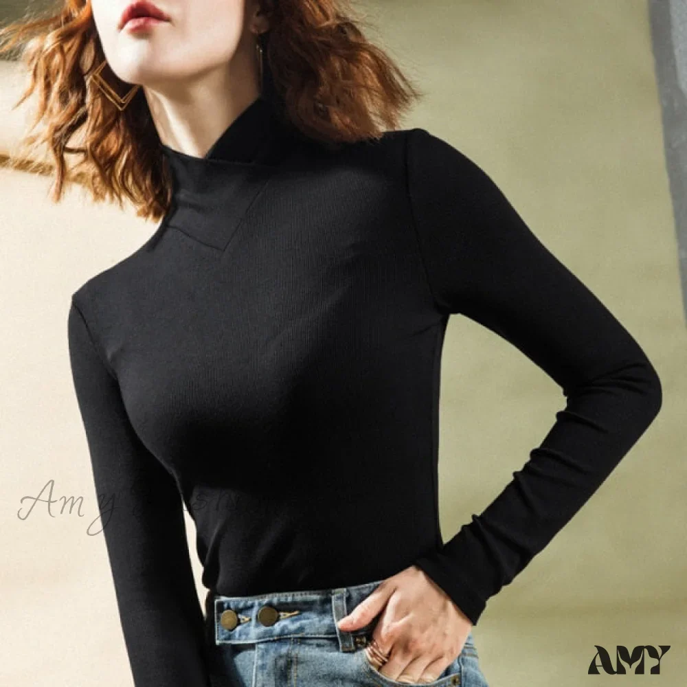 Amy Fashion - Stand-up Collar Long-sleeved Stretch T-shirt - Image 3
