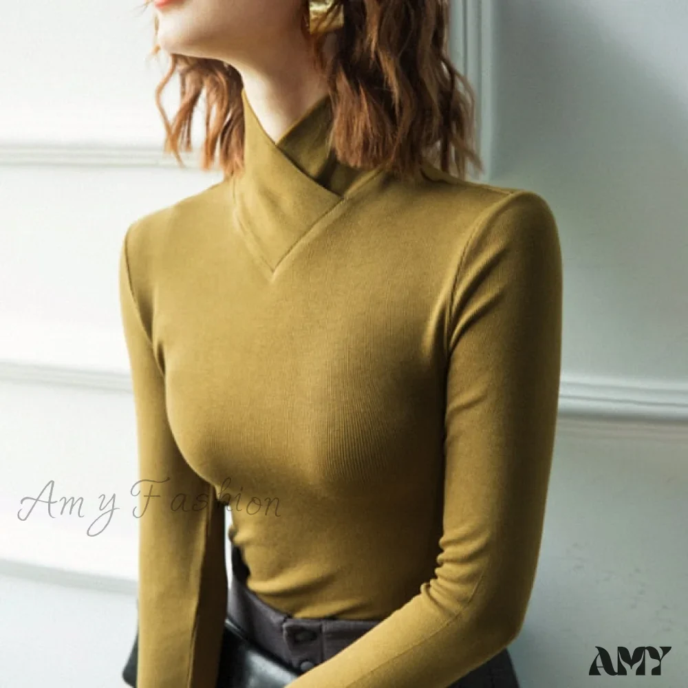 Amy Fashion - Stand-up Collar Long-sleeved Stretch T-shirt - Image 5