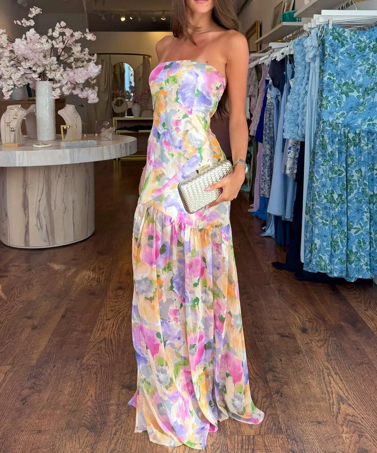 Strapless A-line Backless Floral Dress - Image 3
