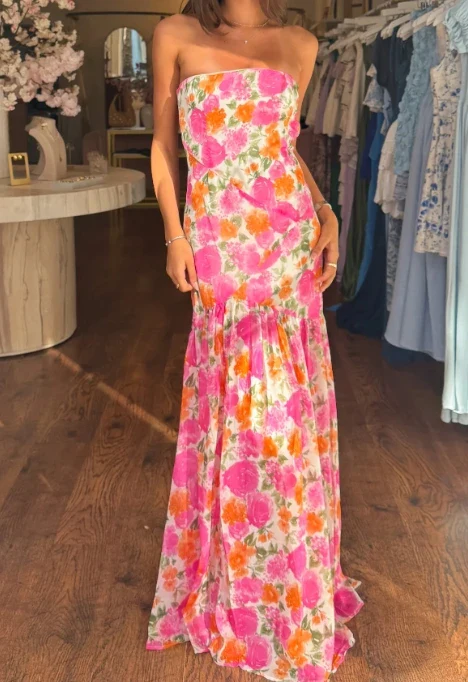 Strapless A-line Backless Floral Dress - Image 5