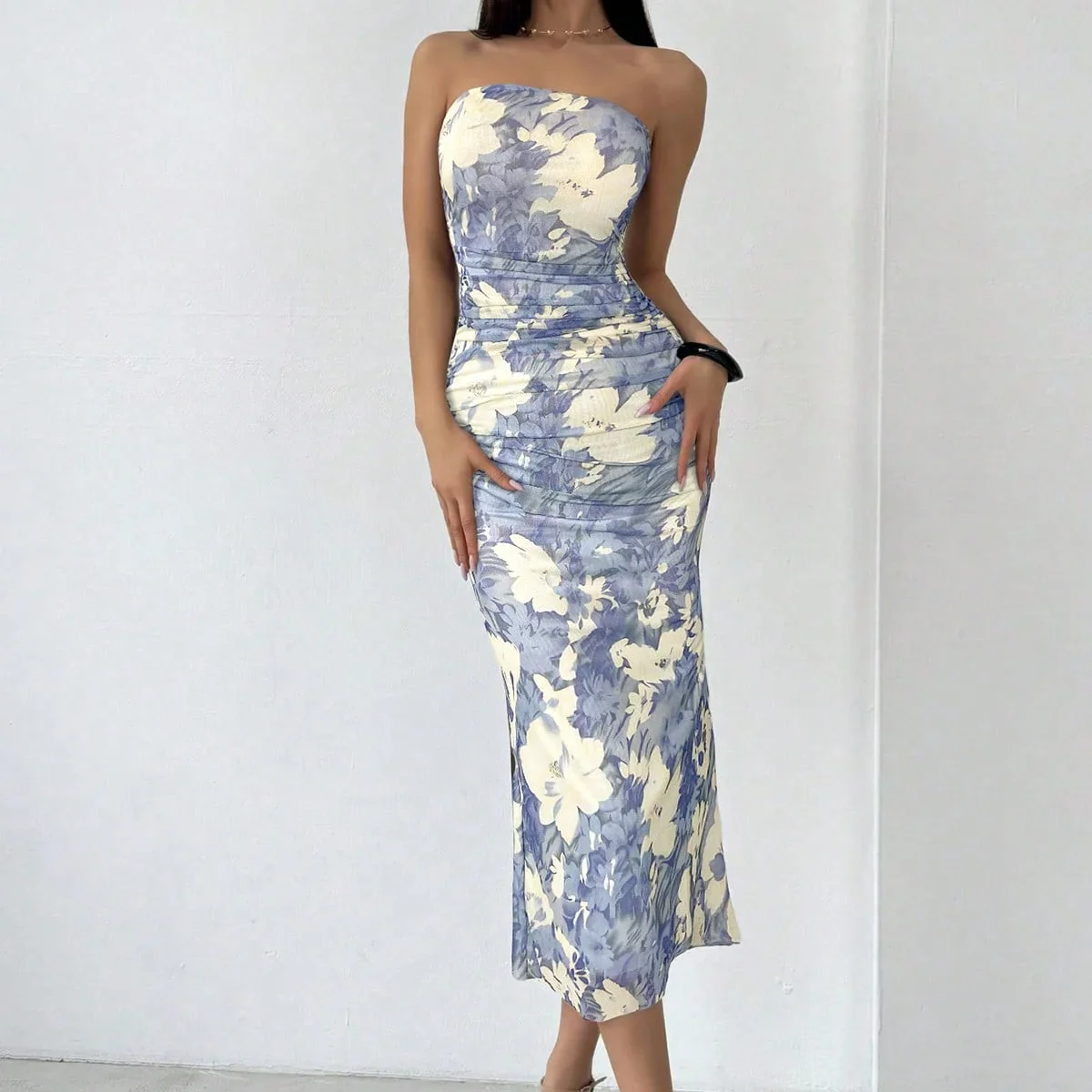 Strapless Blue Slim Fit Floral Dress
