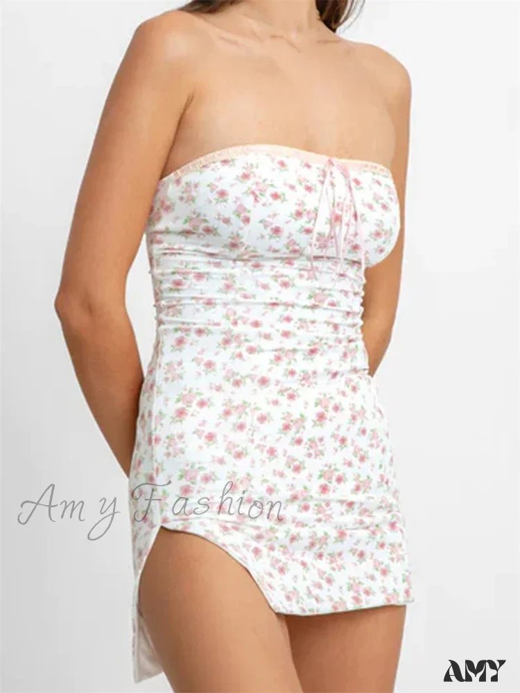 Amy Fashion - Strapless Off Shoulder Fairy Floral Print Backless Mini Dress - Image 5
