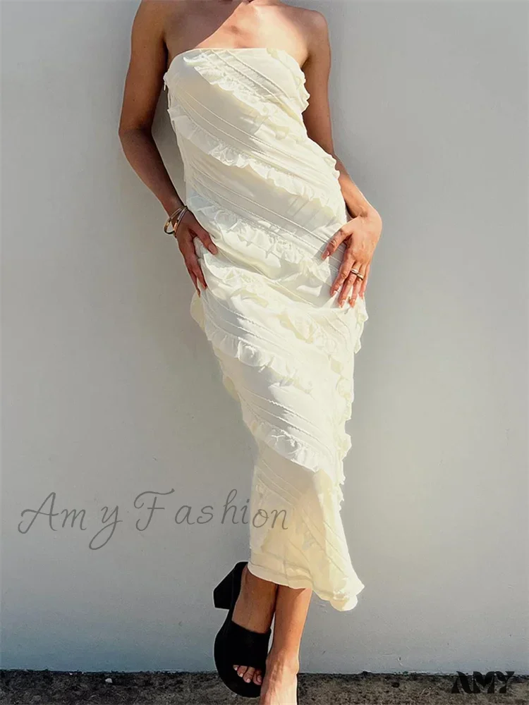 Amy Fashion - Strapless Off Shoulder Tube  Elegant Women Ruffles  Summer Party Bodycon Solid Female Vestidos - Image 2