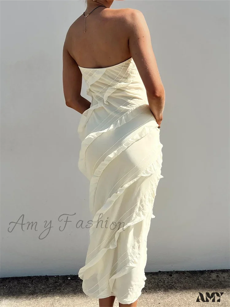 Amy Fashion - Strapless Off Shoulder Tube  Elegant Women Ruffles  Summer Party Bodycon Solid Female Vestidos - Image 3