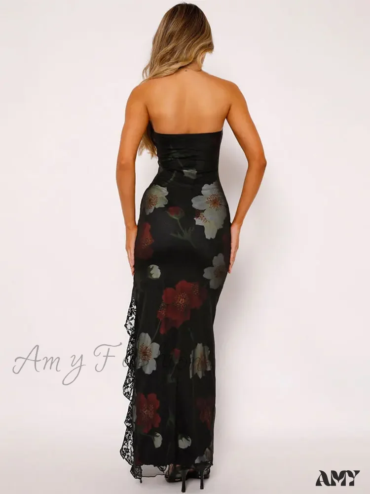 Amy Fashion - Strapless Print Lace Vent Backless Split Boho Dress - Image 4
