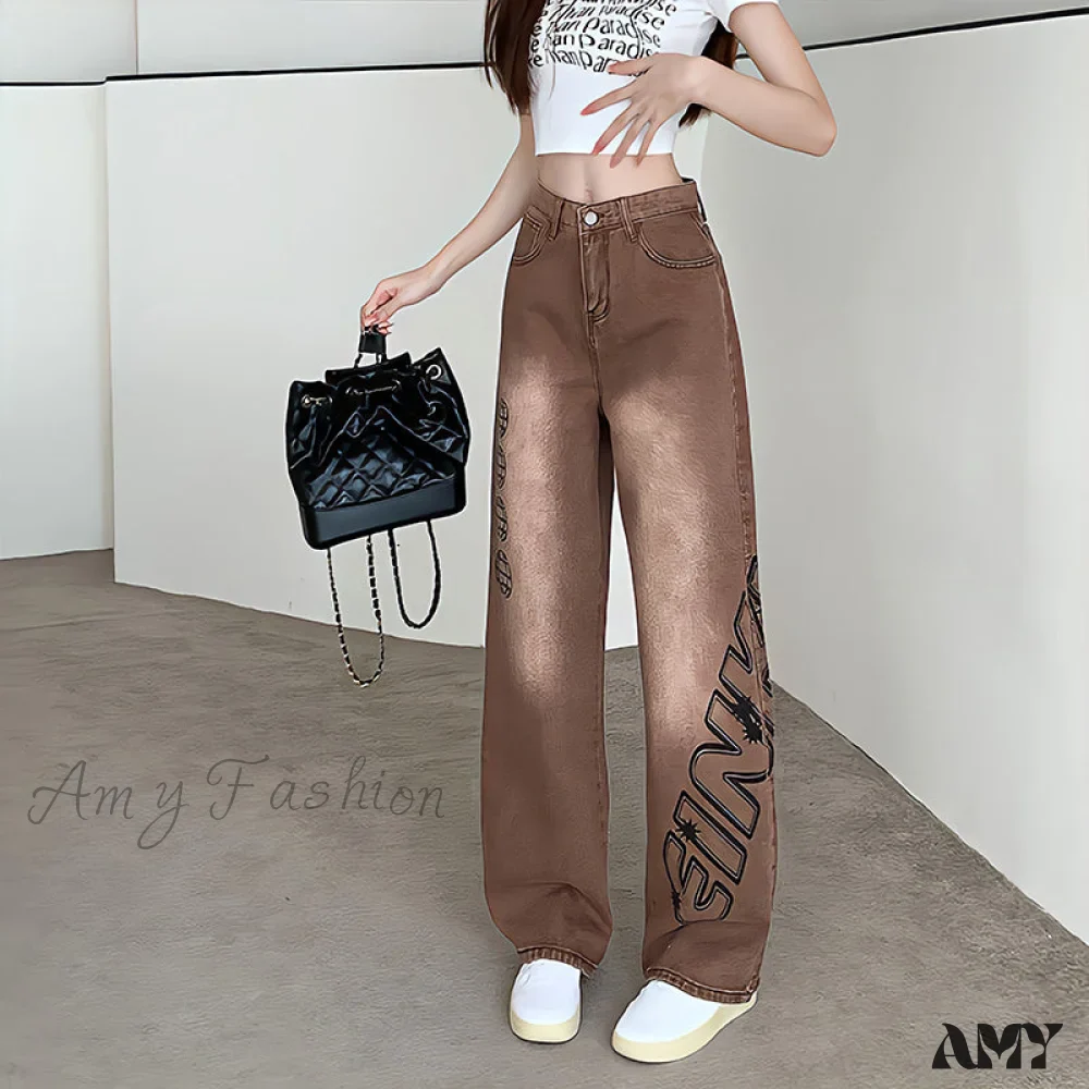 Amy Fashion - Letter Print Fashion Y2K Demin Jeans - Image 2