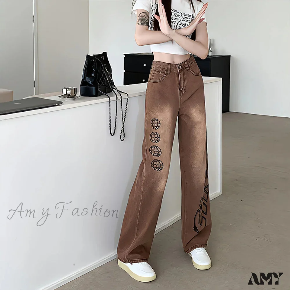 Amy Fashion - Letter Print Fashion Y2K Demin Jeans - Image 3
