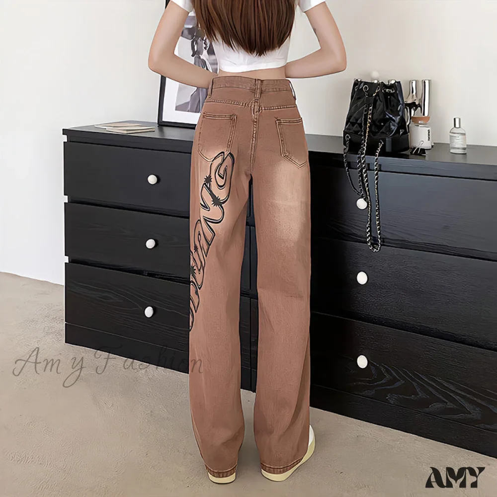 Amy Fashion - Letter Print Fashion Y2K Demin Jeans - Image 5