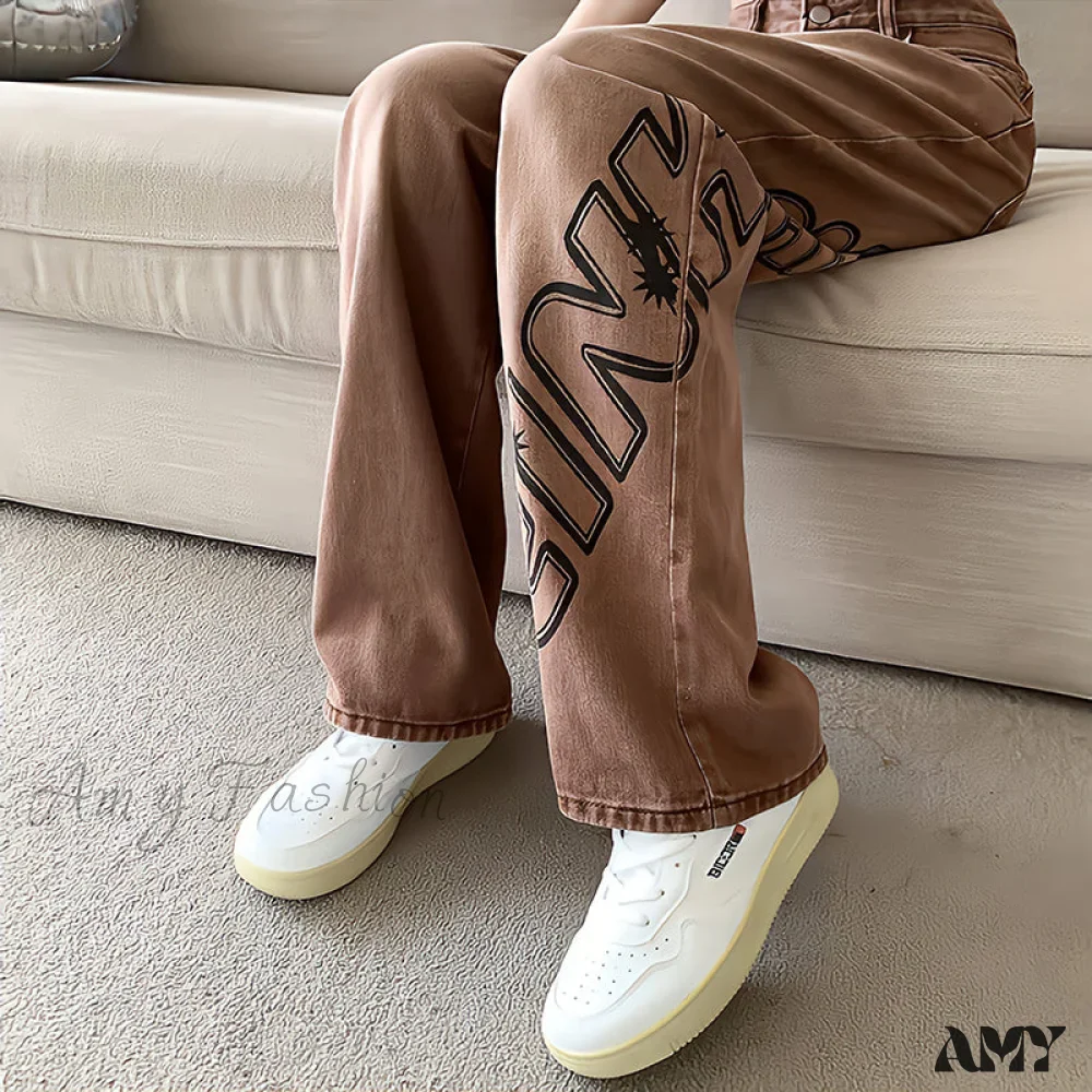 Amy Fashion - Letter Print Fashion Y2K Demin Jeans - Image 6