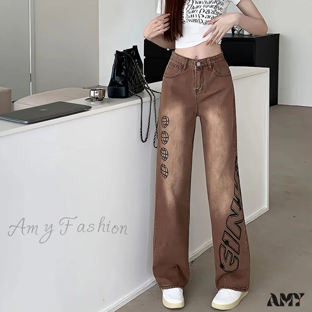 Amy Fashion - Letter Print Fashion Y2K Demin Jeans - Image 7