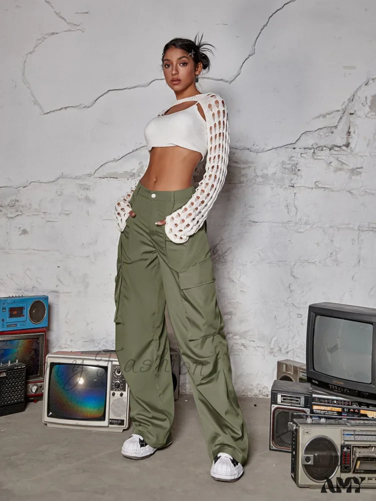 Amy Fashion - Street Flap Pocket  Wide Leg Cargo Pants - Image 5