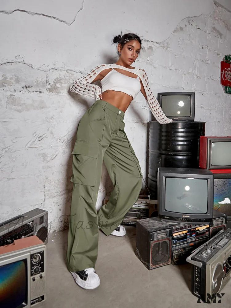 Amy Fashion - Street Flap Pocket  Wide Leg Cargo Pants - Image 6