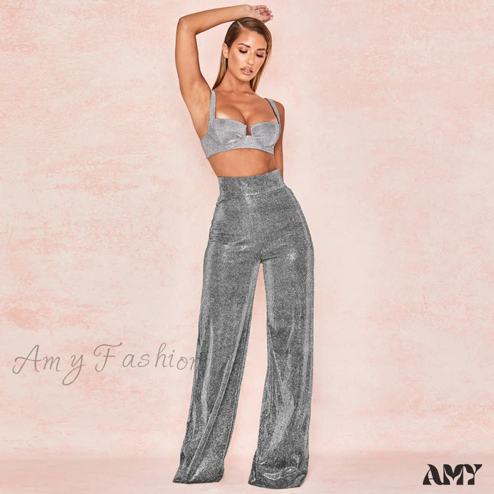 Amy Fashion - Wide Leg High Waist Vintage Bright Silk Casual Pants - Image 3