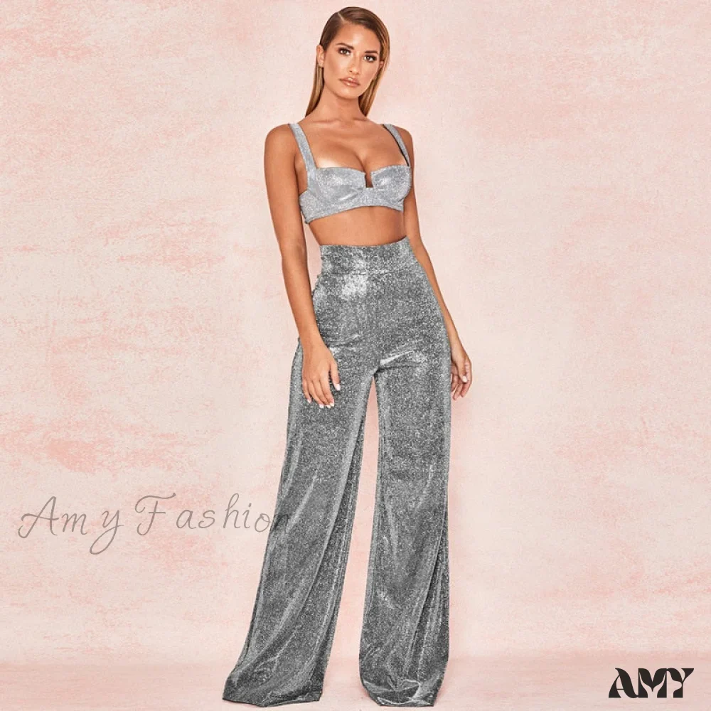Amy Fashion - Wide Leg High Waist Vintage Bright Silk Casual Pants - Image 4