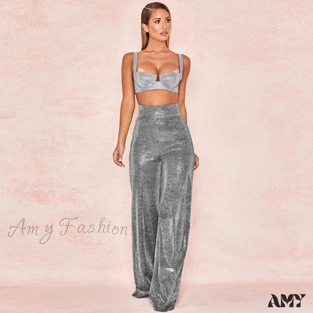 Amy Fashion - Wide Leg High Waist Vintage Bright Silk Casual Pants - Image 5