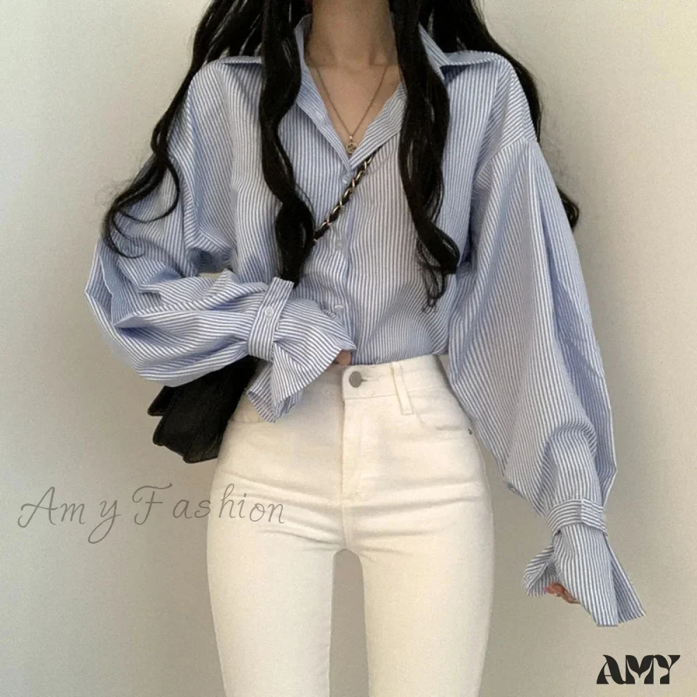 Stripe Loose Spring Retro Casual Elegant Lapel Leisure Blouse - Image 5