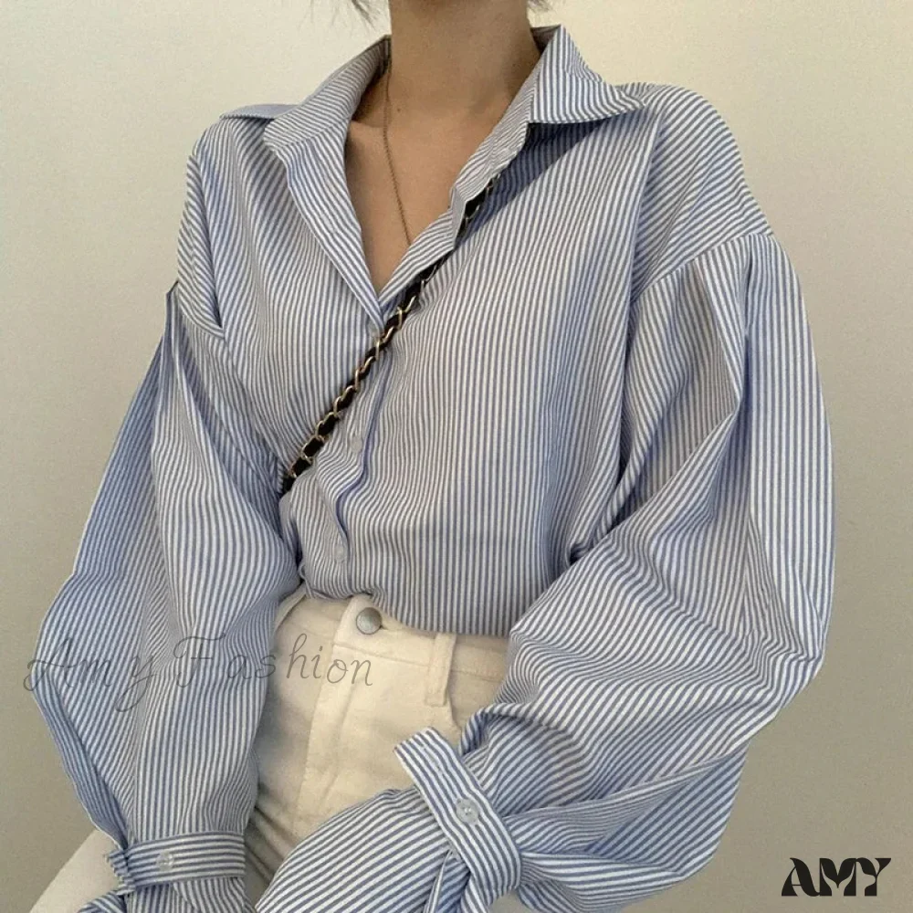Stripe Loose Spring Retro Casual Elegant Lapel Leisure Blouse - Image 6