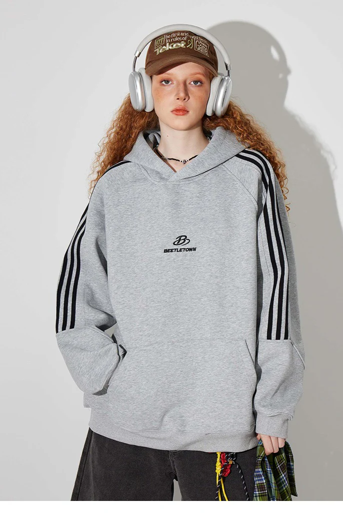 Striped Gray Raglan Sleeve Hoodie - Image 7