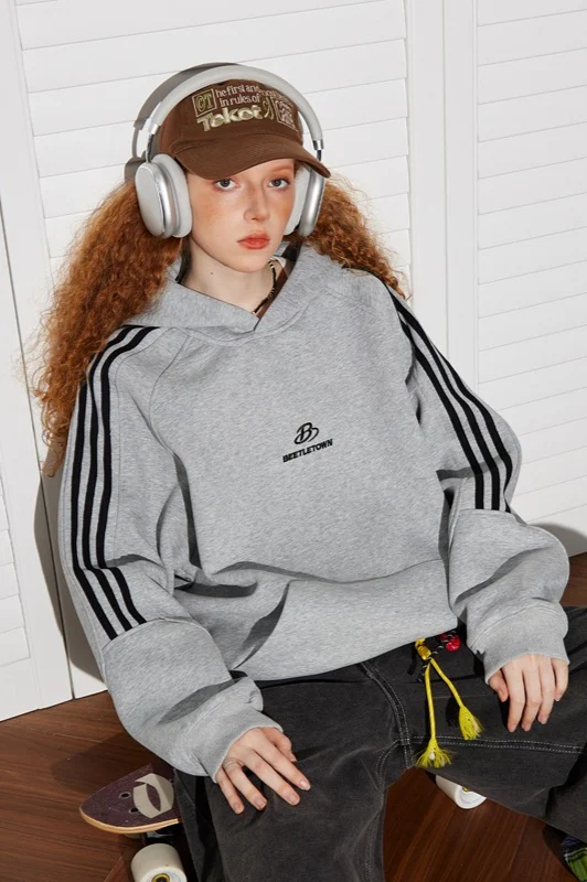 Striped Gray Raglan Sleeve Hoodie - Image 9