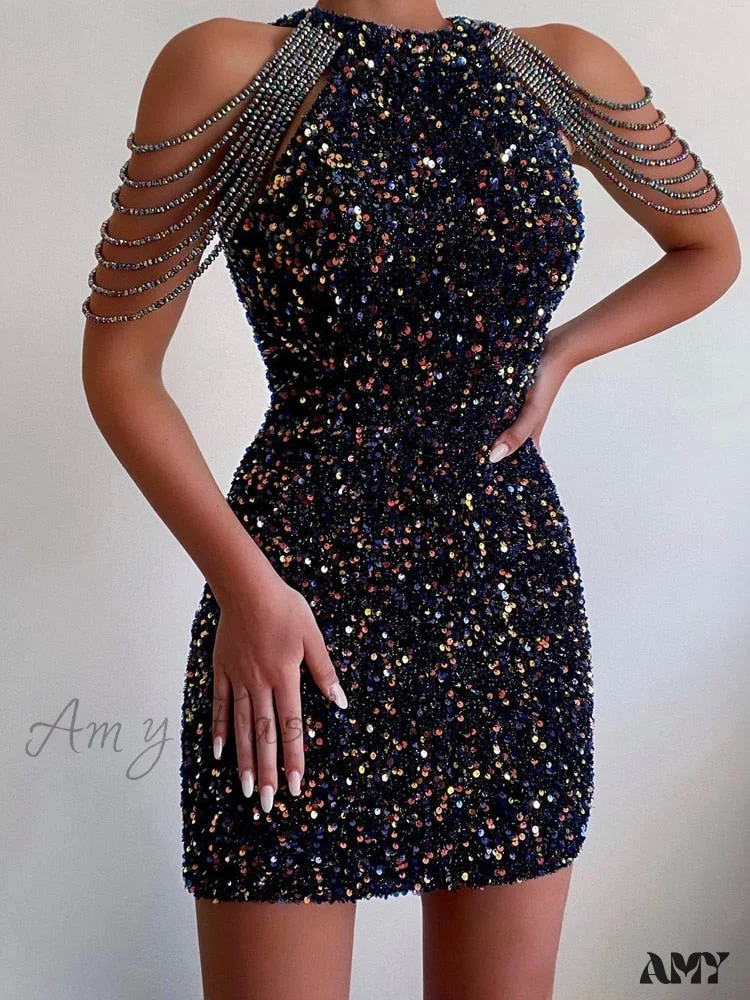 Amy Fashion - Crystal Tassel Bag Hip Dress Sexy Glitter Sequins Hanging Neck Mini Dress - Image 5