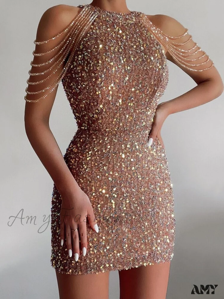 Amy Fashion - Crystal Tassel Bag Hip Dress Sexy Glitter Sequins Hanging Neck Mini Dress - Image 8