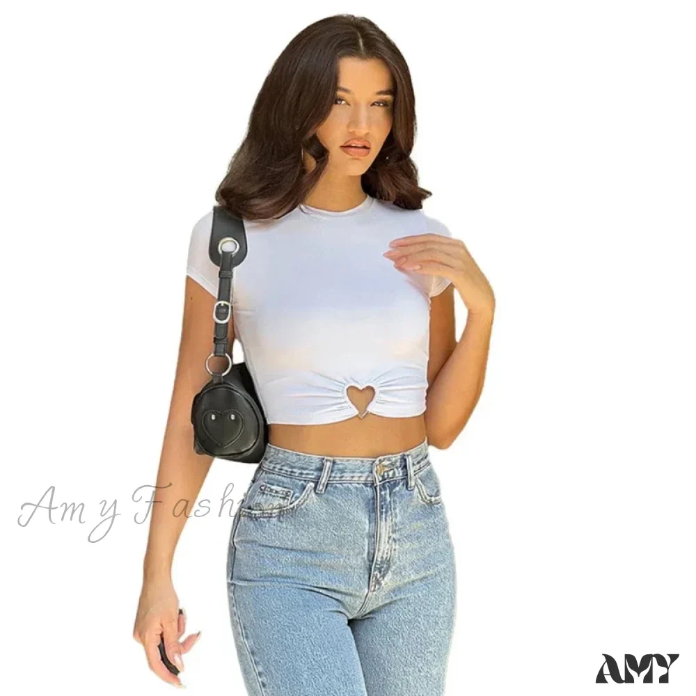 Summer Heart Rings Cutout Short Sleeve Blouses Crop Top - Image 3