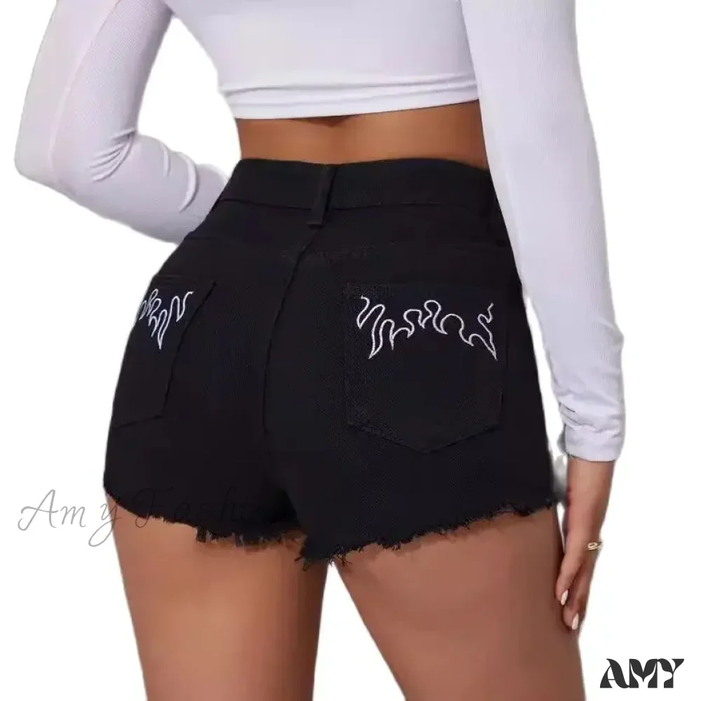 Summer New Black Mid-Waist Embroidered Fashion Sexy Skinny Short
