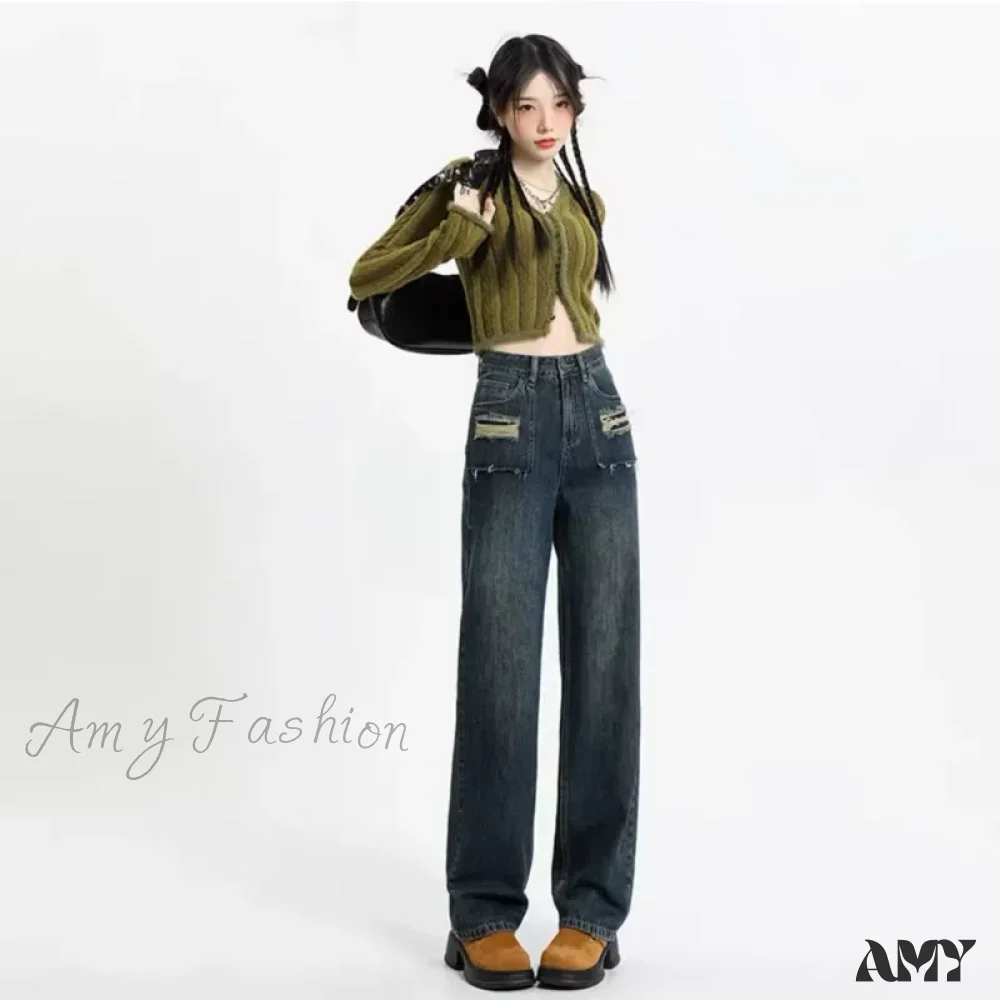 Amy Fashion - Summer New Design Sense High Waist Loose Fitting Slim Straight Pants Narrow Edition Wide Leg Jean