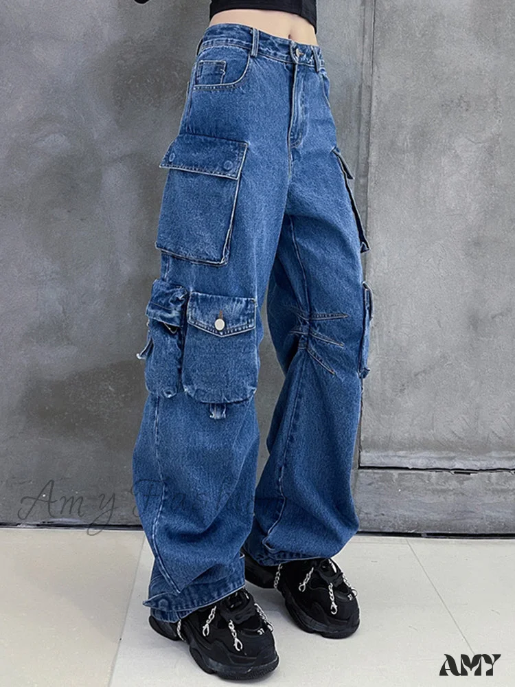Amy Fashion - Dark Blue Pockets Wide Leg Jeans - Image 2