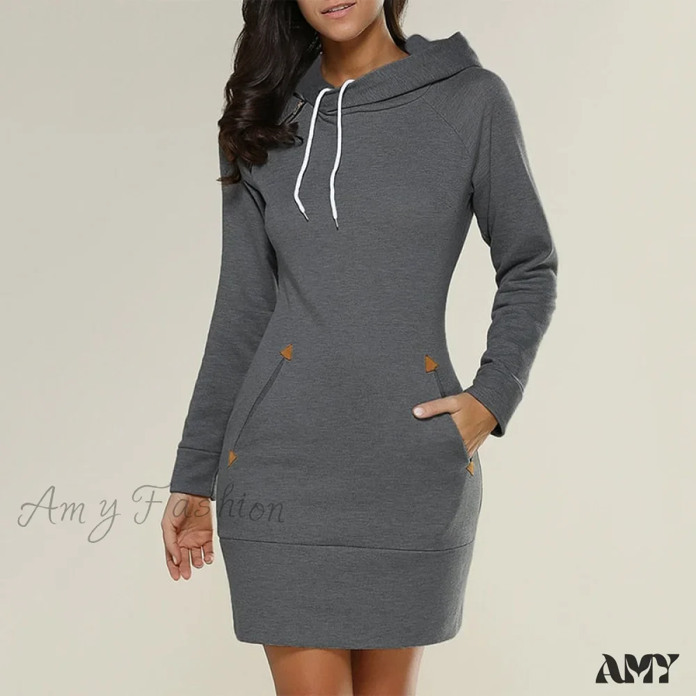 Amy Fashion - Long Sleeve Camp Collar Pocket Simple Dress