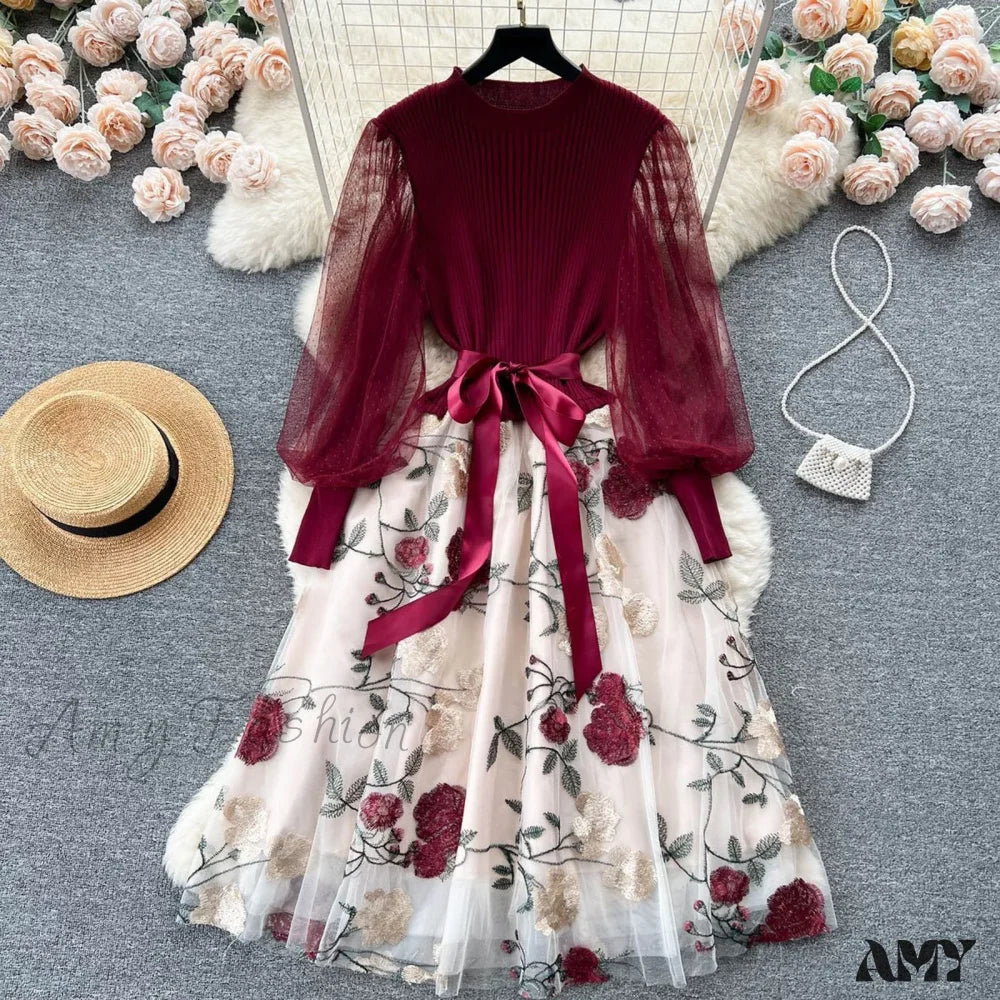 Sweet Patchwork Long Lantern Sleeves Bow Mesh Embroidery Floral High Waist A-Line Elegant Party Dress