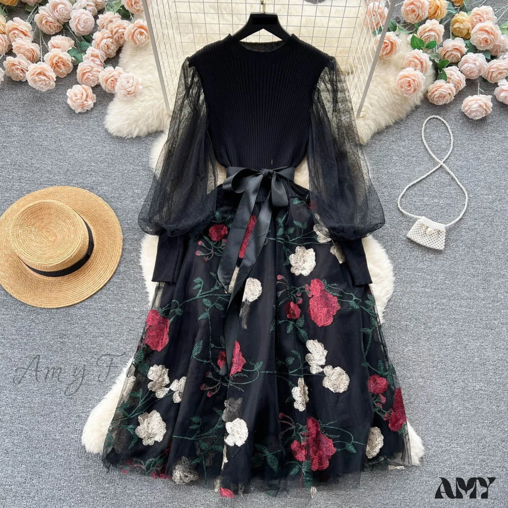 Sweet Patchwork Long Lantern Sleeves Bow Mesh Embroidery Floral High Waist A-Line Elegant Party Dress - Image 2