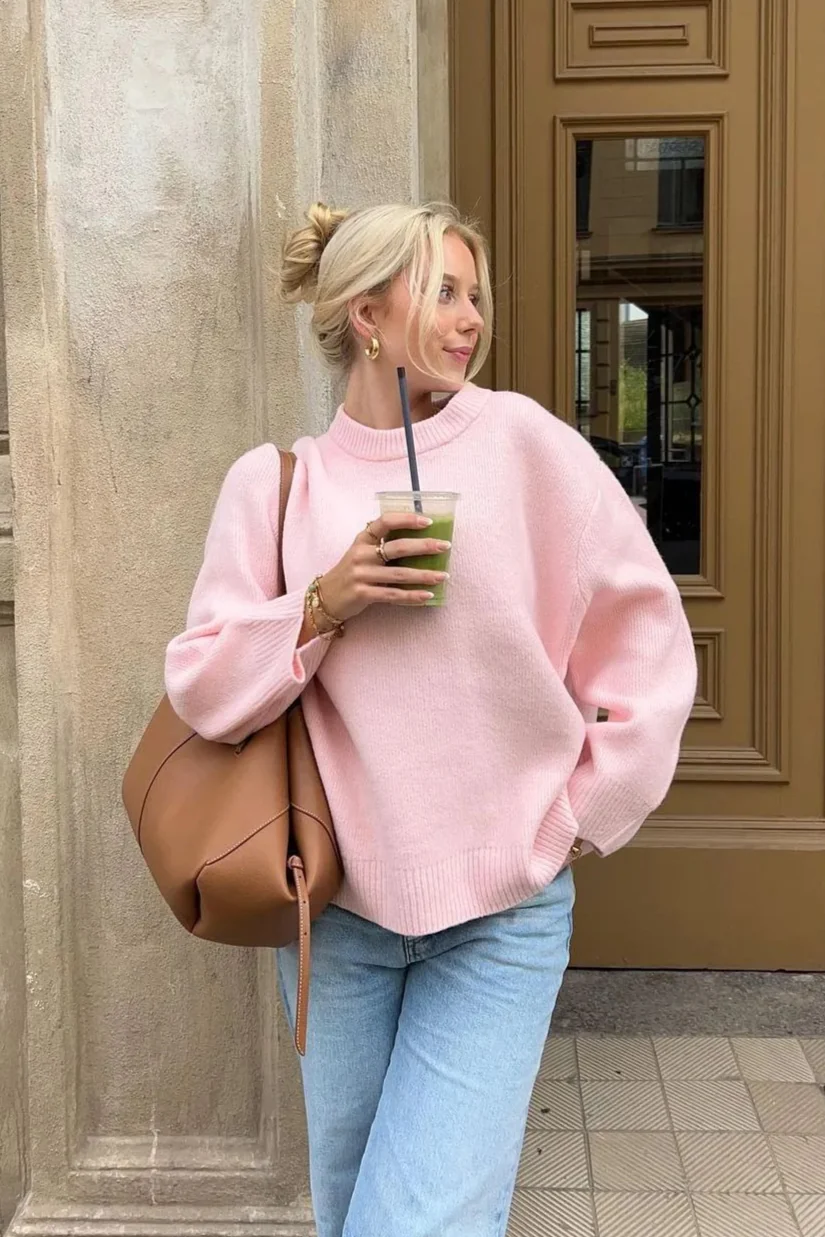 Sweet Pink Crew Neck Pullover Knit Sweater - Image 2