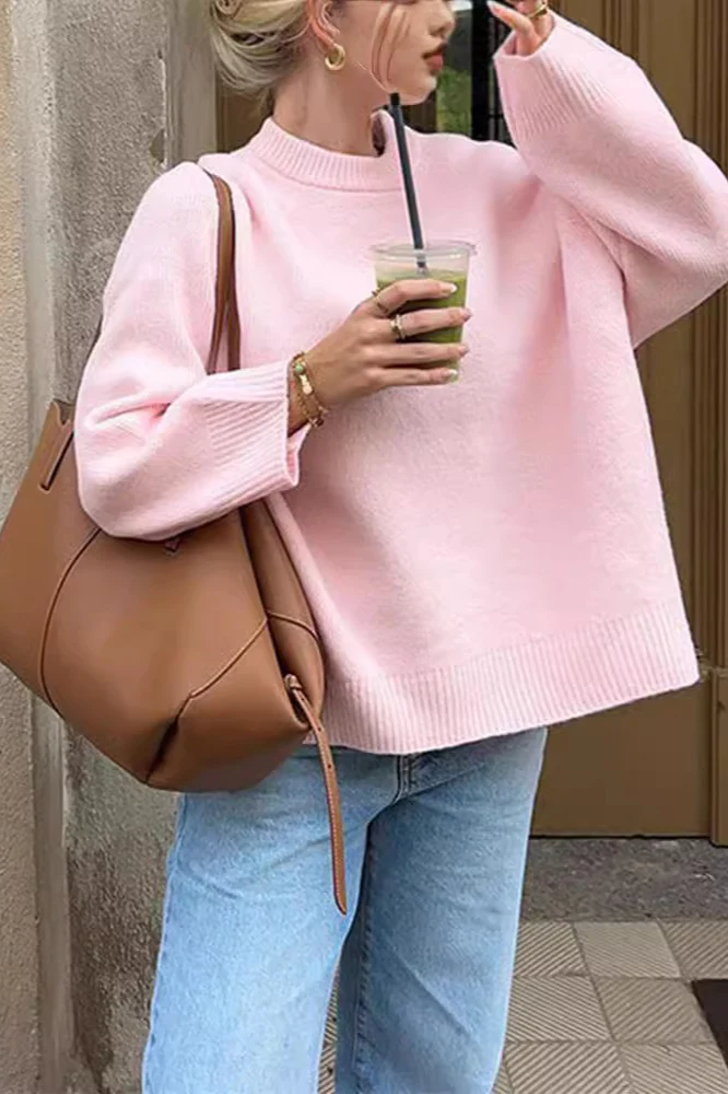 Sweet Pink Crew Neck Pullover Knit Sweater - Image 6