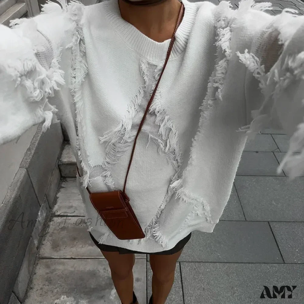 Tassel Oversize Women Fashion Hollow Out Long Sleeve Knitted Pullovers Autumn Solid Basic Sweater - Image 2