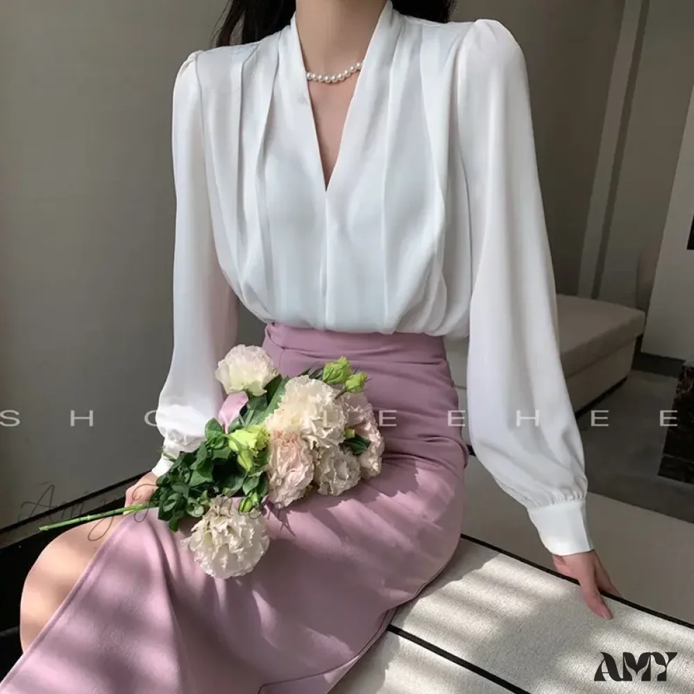 Temperament Pleated Solid Color V-neck Femme Fashion Buttons Blouse - Image 3