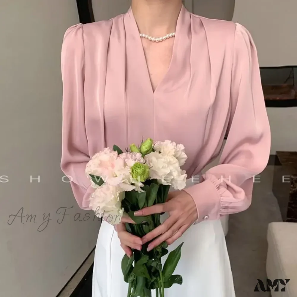Temperament Pleated Solid Color V-neck Femme Fashion Buttons Blouse - Image 6