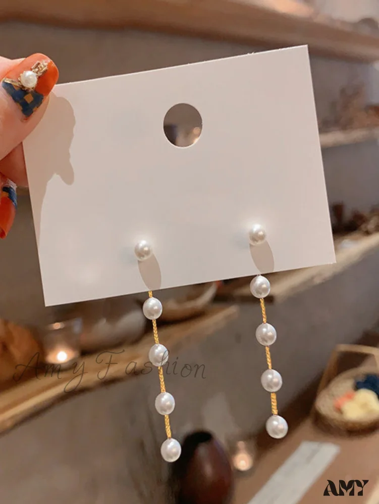 Amy Fashion - Temperament Simple Long Chain Tassel Faux Pearl Earrings - Image 3