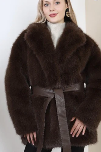 Thick Warm Faux Fox Fur Mid-Length Belted Coat - Image 5